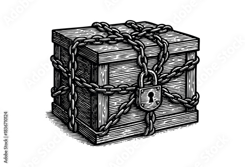 Monochrome woodcut illustration of a locked box with chain and padlock, symbolizing security, secrets, or hidden treasure — stock illustration.