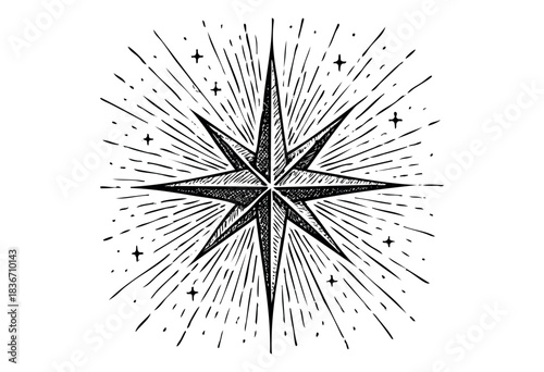 A hand-drawn nautical star with rays and small stars is isolated on a white background — stock illustration.