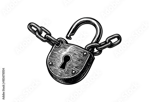 A detailed vintage style etching of an unlocked padlock with a chain symbolizes freedom and opportunity — stock vector.