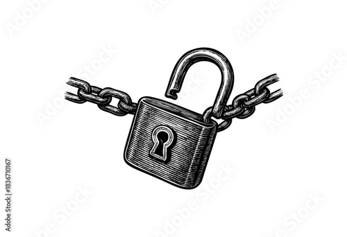 An unlocked padlock hangs from a chain, symbolizing freedom and security breaches — stock illustration.