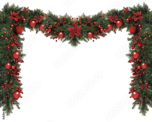Christmas Garland Frame with Red Ornaments, Isolated on White