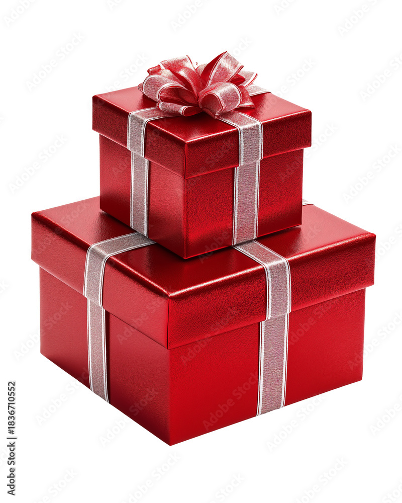 Fototapeta premium Red Gift Boxes Stacked with Silver Ribbon, Isolated on White