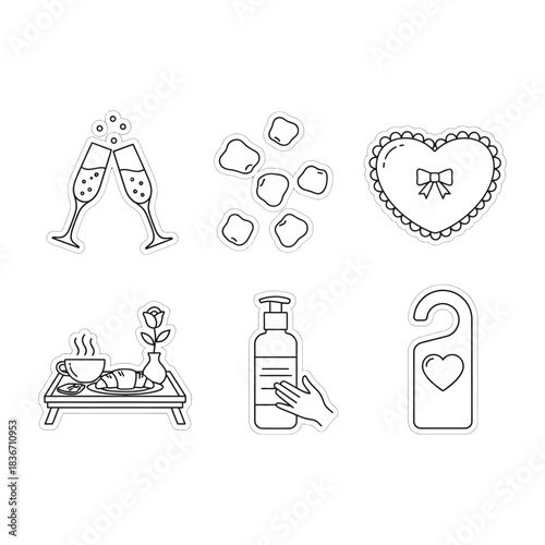 romantic getaway champagne flutes toast with breakfast in bed alongside bath products and heart decorations ideal for valentines day promotions stickers