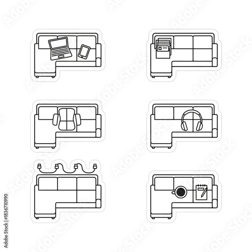 Sectional couch layout plan icons workspace relaxation and organization with laptop books headphones ideal for interior design mockups.