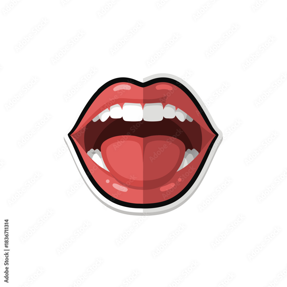 Naklejka premium Open Mouth With Pink Lips And White Teeth Showing Tongue Against Black Background With White Outline And Shadow Effect