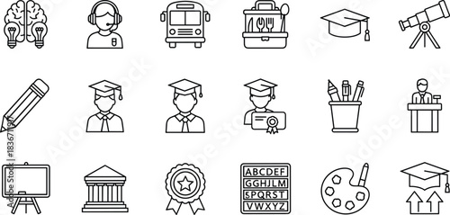 Education and Knowledge Icons Set Outline, School Learning Supplies, Student Graduation Achievement, Brain Development, University Degree, Classroom Tools, Line Vector Illustration