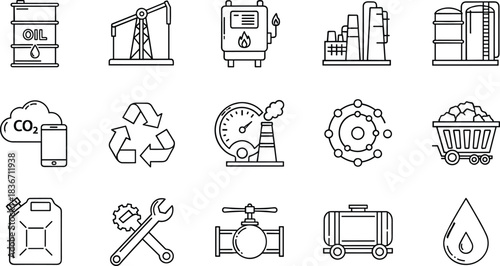 Essential Oil, Gas, and Petroleum Industry Outline Icon Set, Perfect for Energy Production, Factory Manufacturing, Sustainability, Chemical Engineering, and Power Generation Concepts.