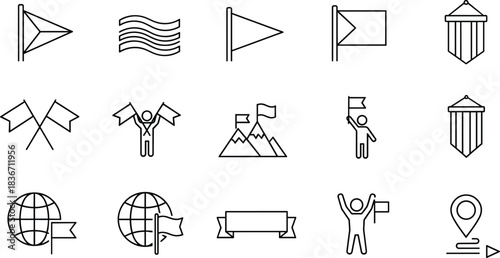 Flags, Goals, and Achievement Icon Set: Minimalist Vector Collection for Success, Location, Victory, Banners, Milestones, and Global Business Strategy Design