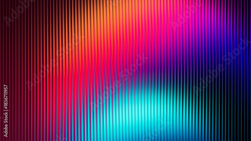 Neon ribbed fractal glass texture with vibrant colorful gradient and bright smooth fluted vertical lines. Bold dynamic design blending futuristic tones and radiant colors for modern visual art project