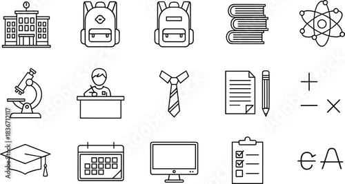 Line art vector icon set symbolizing global business, ethics, insurance, social care, legal services, community, charity, corporate growth, and worldwide collaboration isolated on white.
