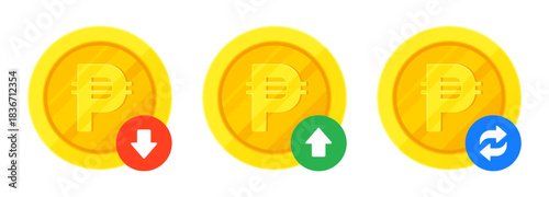 Set of  Philippine peso sign (₱) gold coins, arrows for increase, decrease, transaction. Finance, currency, fluctuation, PHP exchange concept. Flat vector illustration isolated on a white background