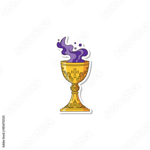 Ornate Golden Chalice Emitting Wisps of Purple Smoke Against a Stark Black Background