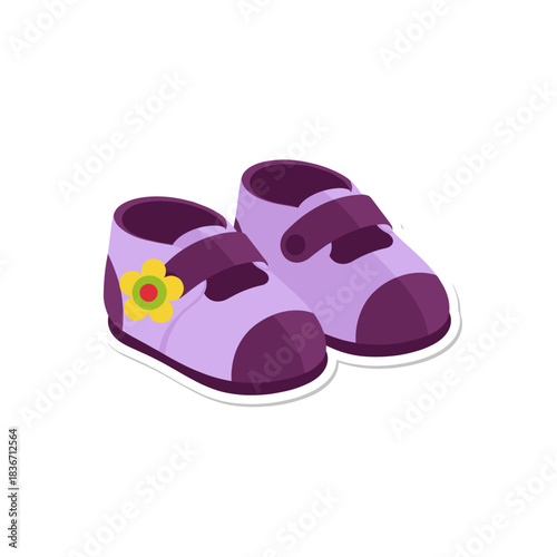 Pair Of Adorable Lavender And Plum Baby Shoes With Velcro Straps And A Yellow Flower Accent On A Transparent Background