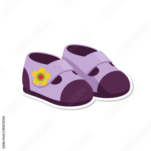 Pair of Lavender Baby Shoes With Purple Accents And Yellow Flower Detail On Black Background Minimalist Illustration Style