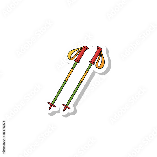 Pair of Ski Poles with Red Grips and Yellow Straps on a Black Background Vector Illustration Sticker Style With White Border and Soft Shadow