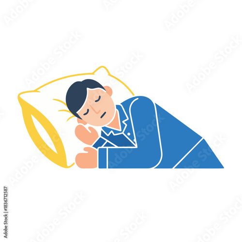 Peaceful Man Sleeping Soundly on a Yellow Pillow in Blue Pajamas Relaxing Bedroom Scene at Night