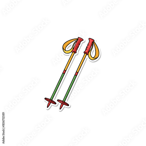 Pair of Ski Poles with Red Grips Yellow Straps Green Shafts and Red Baskets on Black Background
