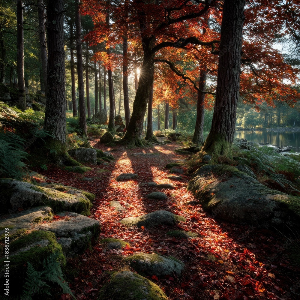 Fototapeta premium Autumn Forest Path with Sunlight and Red Leaves