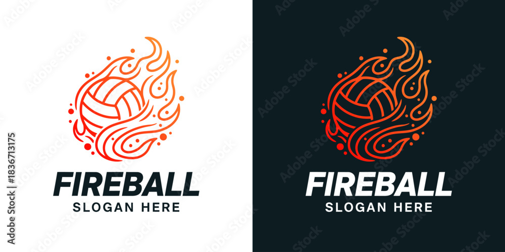 Obraz premium Fireball logo design illustration. Abstract volleyball design with fire vector symbol inspiration.