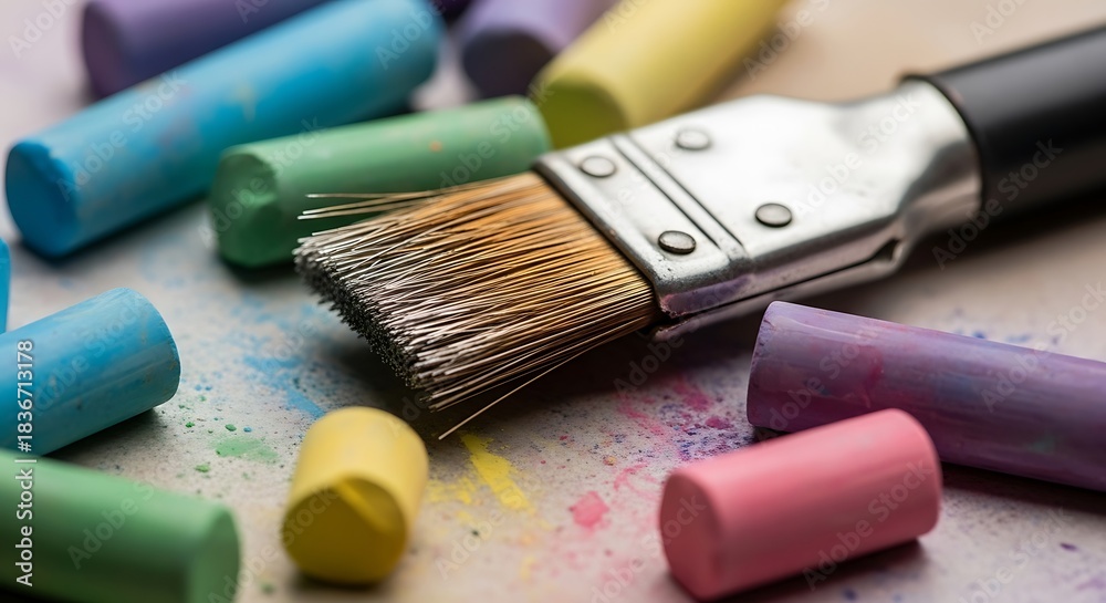 Fototapeta premium Colorful Chalk Pastels and Paintbrush Close-Up for Creative Expressions