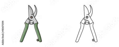 Vector illustration of an isolated cartoon bypass gardening pruner with green handles and gray blades, presented in two styles: colored and black outline