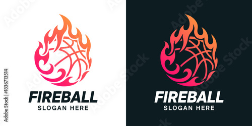 Fireball logo design illustration. Abstract volleyball design with fire vector symbol inspiration.