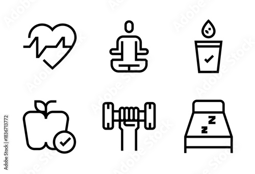 Pack de iconos de salud y bienestar. Corazón con latido, persona meditando, vaso de agua, manzana aprobada, mancuerna y cama de descanso. Diseño vectorial lineal