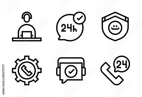 Pack de iconos de atención al cliente. Agente con audífonos, atención 24 horas, escudo feliz, engranaje con llamada, mensaje de soporte y llamada 24h. Diseño vectorial lineal