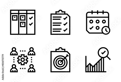 Pack de iconos de gestión de proyectos. Panel dividido, lista aprobada, calendario con reloj, equipo conectado, tablero con objetivo y gráfica evaluada. Diseño vectorial lineal