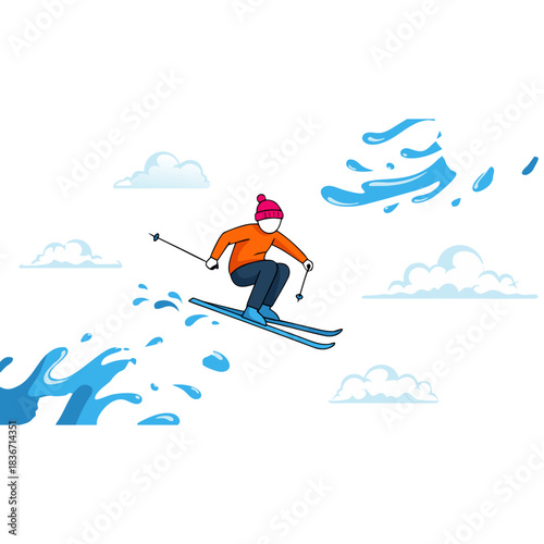Pixel Art Skier Performing Jump Mid Air Against Dark Sky With Clouds And Water Splash Elements Dynamic Action Shot Of Winter Sports