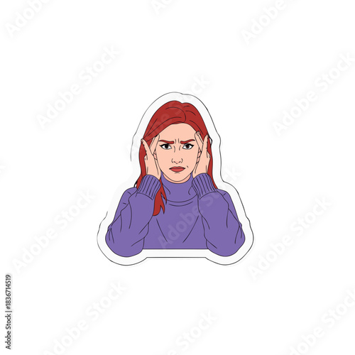 Pixelated Woman With Red Hair And Angry Expression Covering Ears Wearing Purple Sweater On Black Background