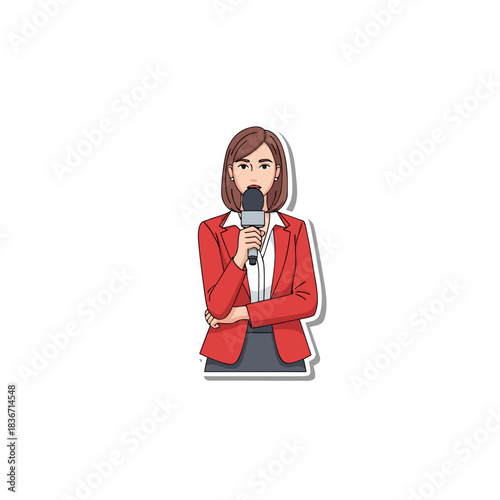 Professional Female Reporter in Red Blazer Holding Microphone Delivering News Live Event Broadcast Journalism Professional Presentation Serious Expression Business Attire Isolated on Black Background