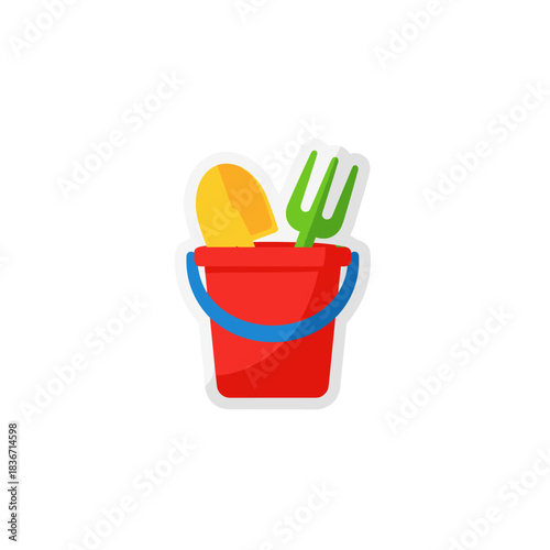 Red Beach Bucket With Yellow Shovel and Green Trowel on a Black Background with White Outline