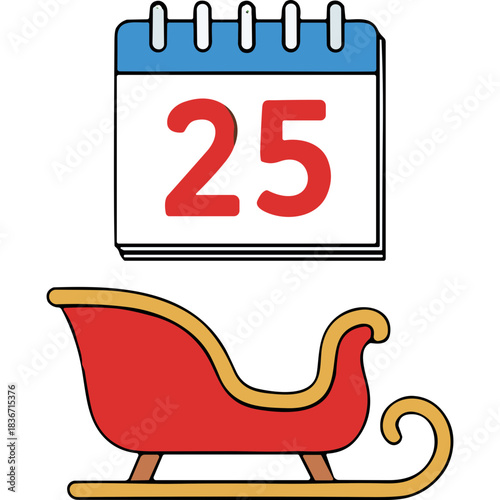 Red Sleigh Beneath Calendar Showing the 25th Day of December With a Blue Border and White Pages Isolated on a Black Background
