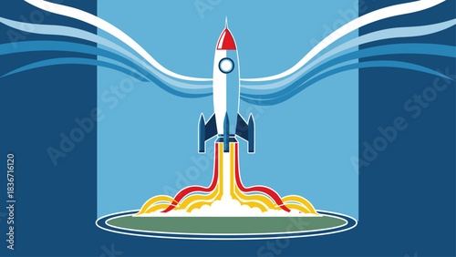 Graphic illustration of a retro-style rocket launching with fiery exhaust and wavy smoke on a blue background, symbolizing innovation and success.