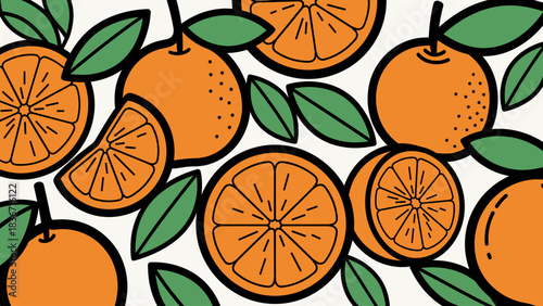 Vibrant Orange Fruit Pattern with Slices and Leaves Illustration