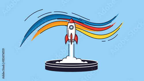 Dynamic Rocket Launch with Colorful Speed Trails Vector Illustration. Startup, Innovation, Success & Progress Concept
