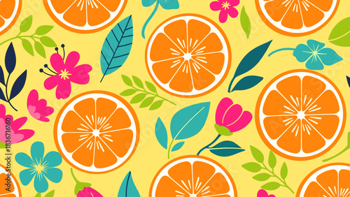Vibrant seamless pattern with orange slices, colorful flowers, and leaves on a yellow background