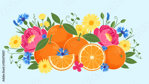 Fresh Oranges & Colorful Flowers Illustration with Peonies, Daisies, Cornflowers on Blue Background