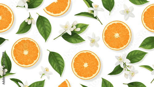 Seamless pattern of fresh orange slices, green leaves, and white citrus blossoms on a clean white background.