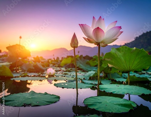 Sunrise illuminating serene water lily blossoms and serene landscape