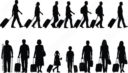 Set of black silhouettes of diverse passengers walking and standing with rolling travel suitcases, men, women, and children, isolated on white background