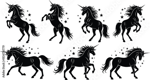 Set of black unicorn silhouettes with stars, isolated vector illustration of mythical horse animals, magic fantasy creatures collection, running and rearing poses for logo design