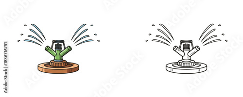 Vector illustration of an isolated cartoon garden rotary sprinkler with green nozzles and a brown base, spraying water, presented in two styles: colored and black outline