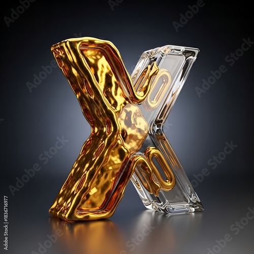 Glossy Shiny Golden and Transparent Glass Letter X Alphabet Design