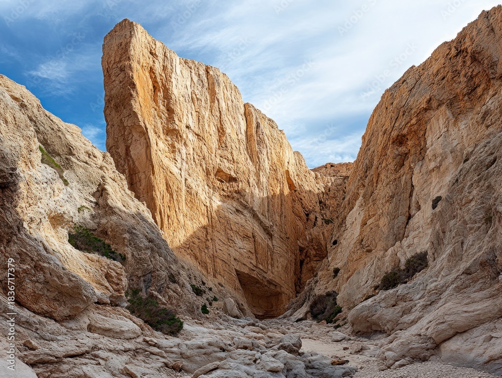 Fototapeta premium Dramatic canyon landscape with towering rock formations under a blue sky with clouds