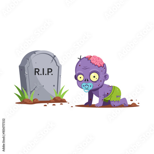 Spooky Crawling Zombie Baby With Pacifier Next To RIP Tombstone On Dark Background Cartoon Style