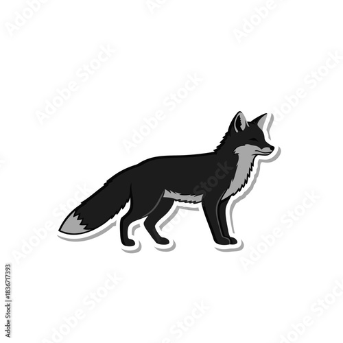 Stylized Black Fox with Light Gray Accents Standing Against a Solid Black Background Minimalist Digital Art Isolated Creature Portrait