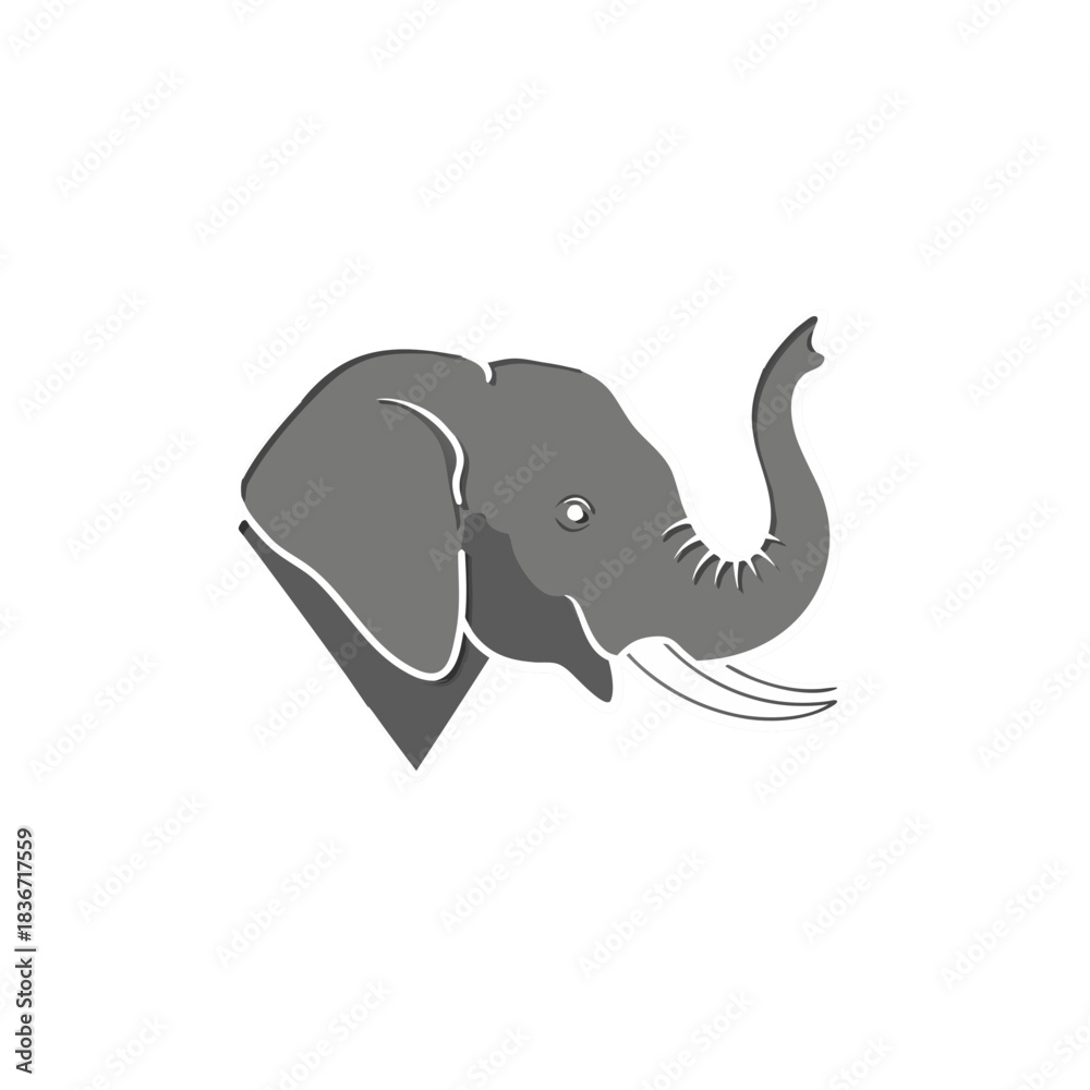 Obraz premium Stylized Gray Elephant Head with Trunk Raised on a Black Background Simple Graphic Illustration Animal Icon