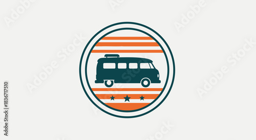 Vintage Camper Van Emblem with Retro Stripes and Stars.